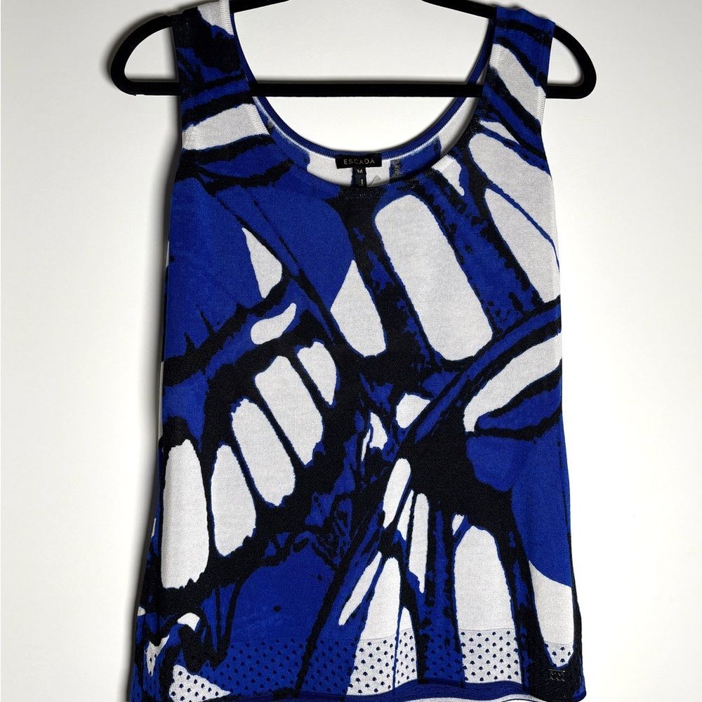 Vintage Escada Abstract Print Knit Tank Top Blue White Black Sleeveless M